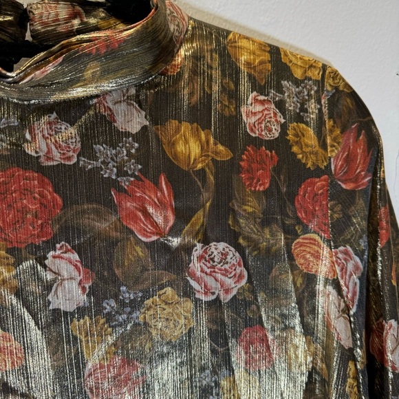 ZARA metallic floral long sleeve shift dress mock neck ruffle retro rose small - Picture 12 of 16